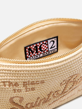 Parisienne straw effect pouch with embroidered brown logo and removable strap