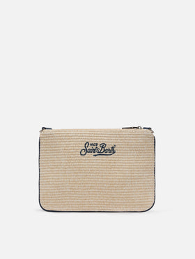 Parisienne – Beuteltasche in Strohoptik mit aufgesticktem Logo