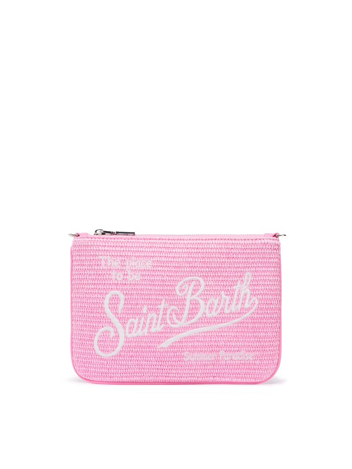 Parisienne-Stroheffekt pouch in Rosa mit gesticktem Logo und abnehmbarem Riemen 