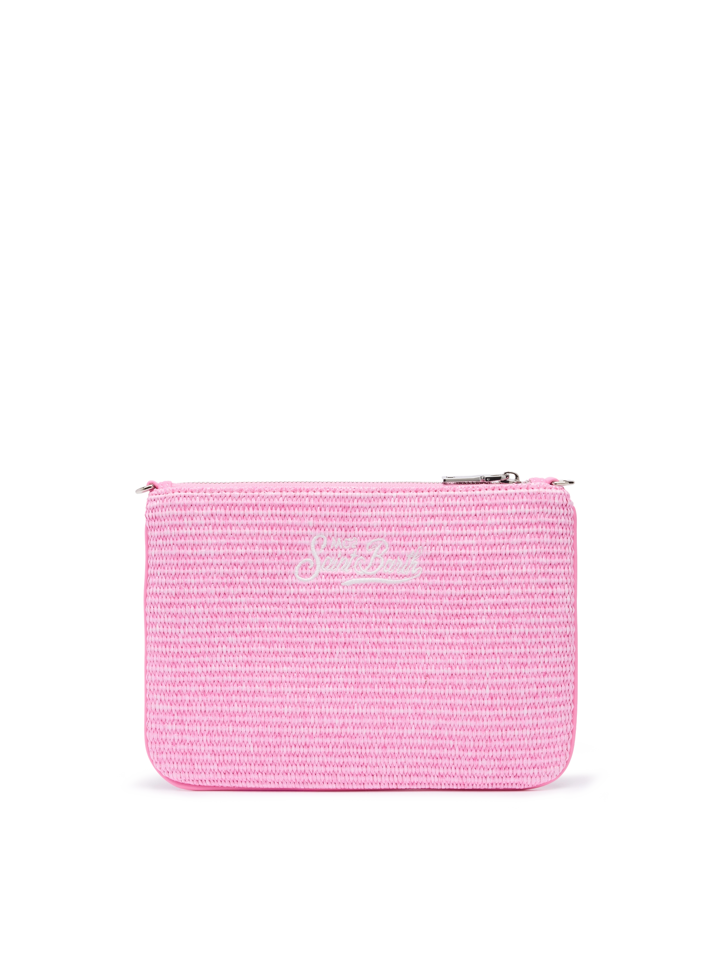 Parisienne straw effect pouch in pink with embroidered logo and removable strap