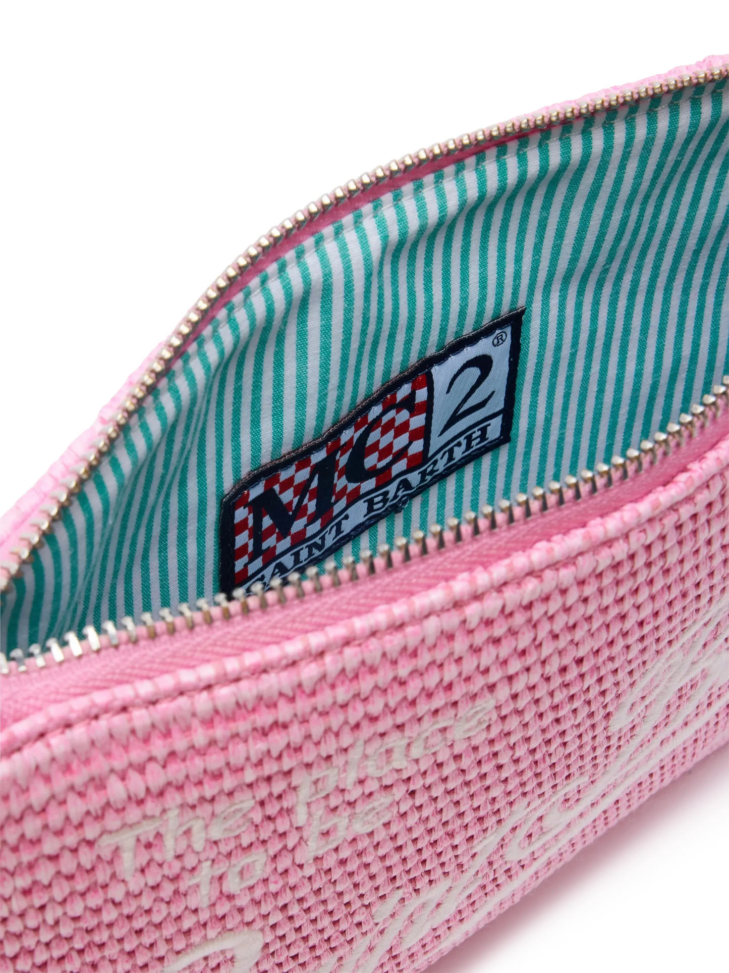 Parisienne straw effect pouch in pink with embroidered logo and removable strap