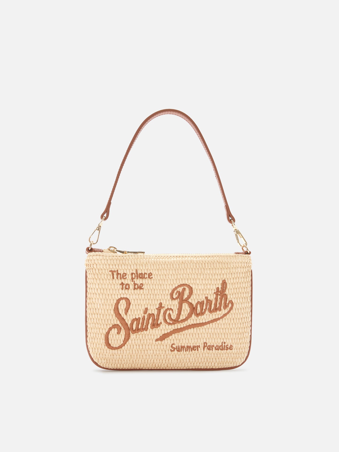 Mini Parisienne straw effect pouch with brown logo embroidery