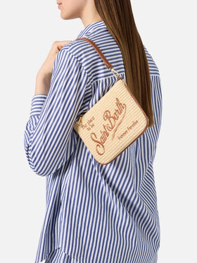 Mini Parisienne straw effect pouch with brown logo embroidery