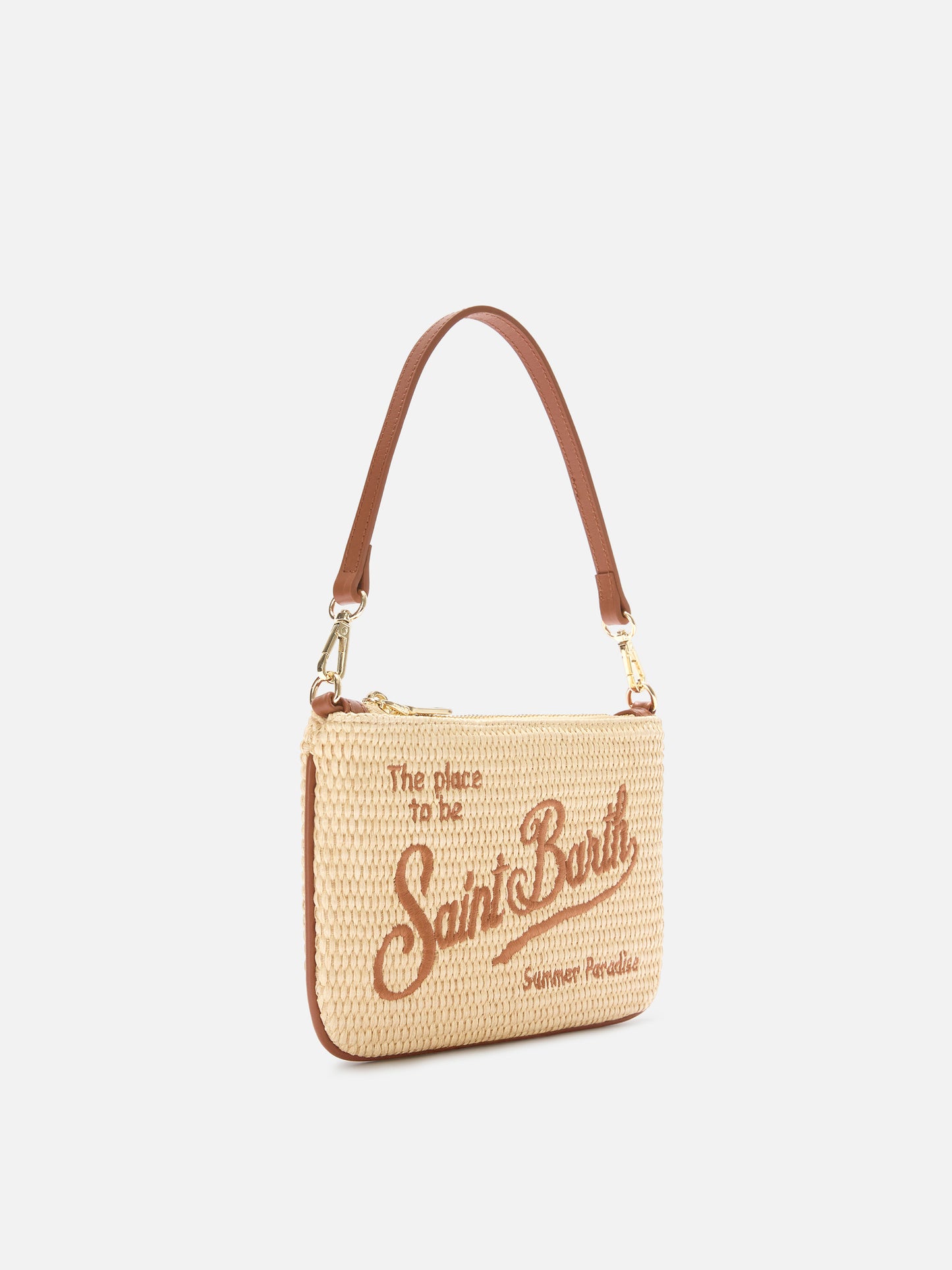 Mini Parisienne straw effect pouch with brown logo embroidery