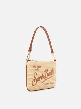 Mini Parisienne straw effect pouch with brown logo embroidery