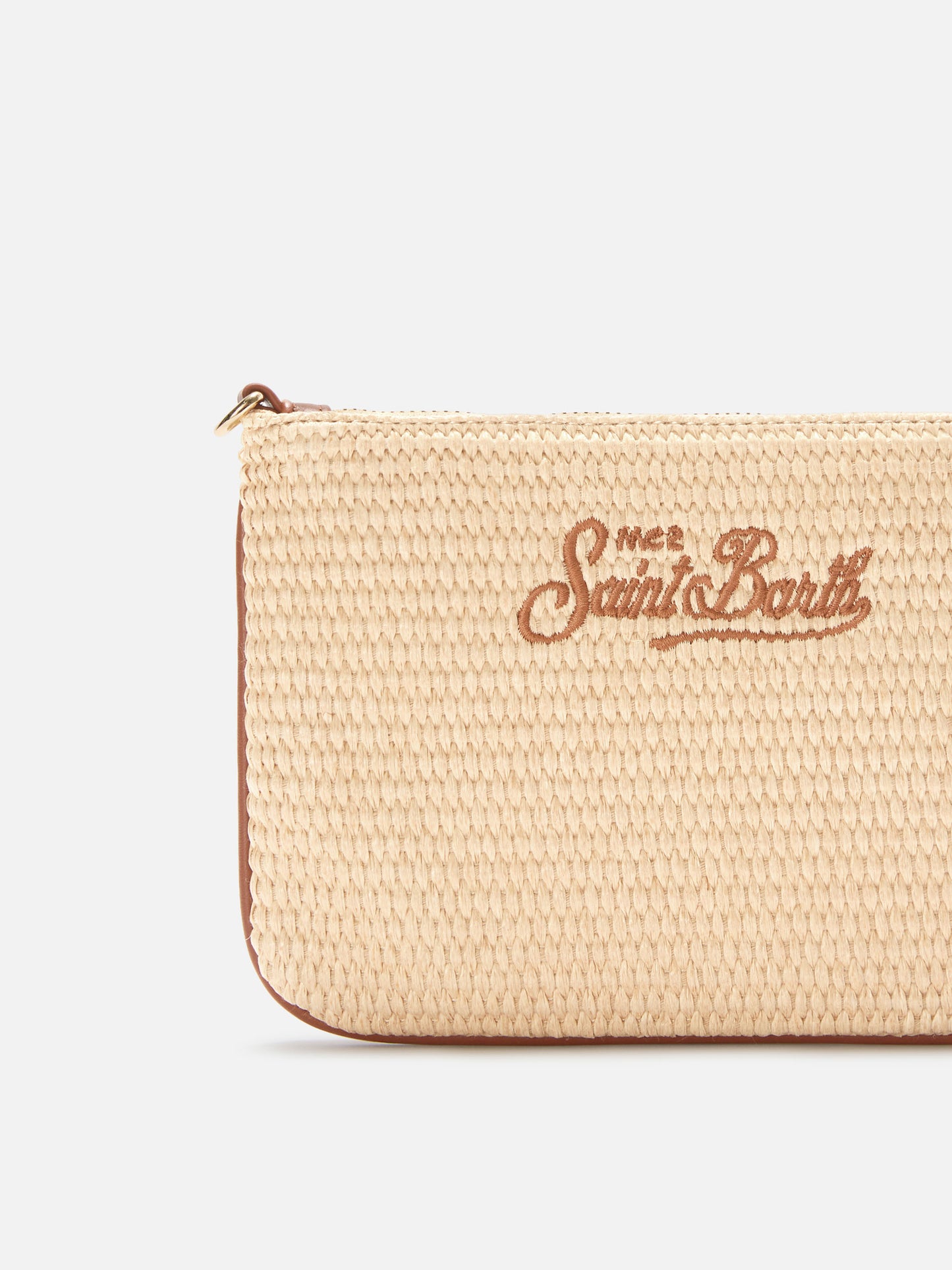 Mini Parisienne straw effect pouch with brown logo embroidery