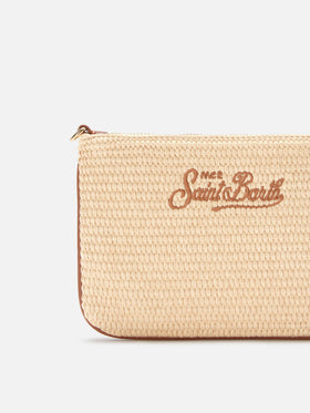 Mini Parisienne straw effect pouch with brown logo embroidery