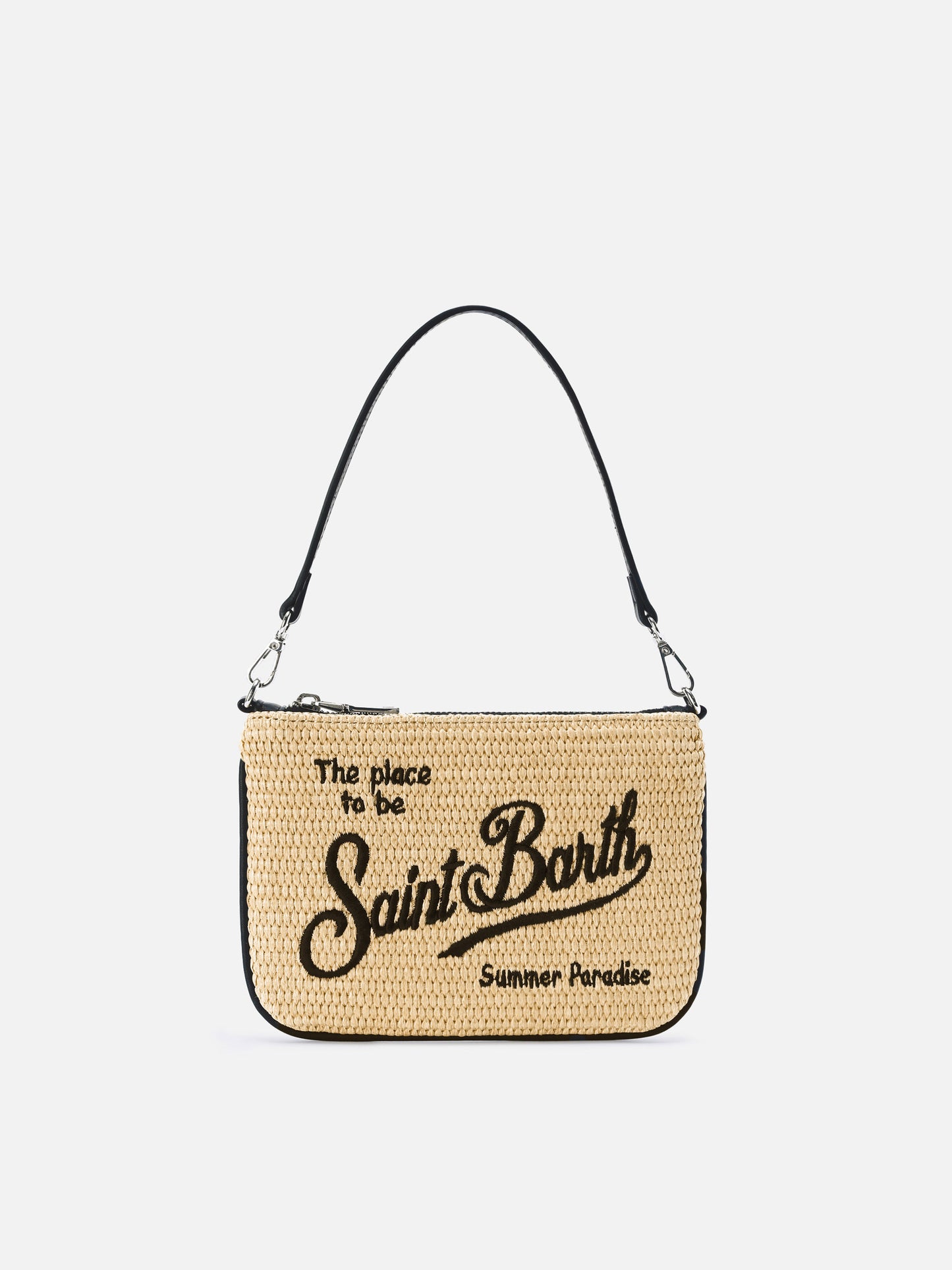 Mini Parisienne straw-effect pouch with black logo embroidery