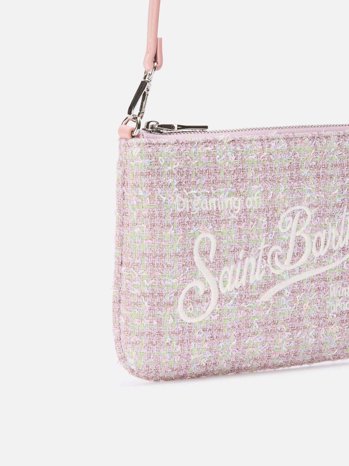 Bolso de hombro mini Parisienne de tweed rosa con bordado del logo 