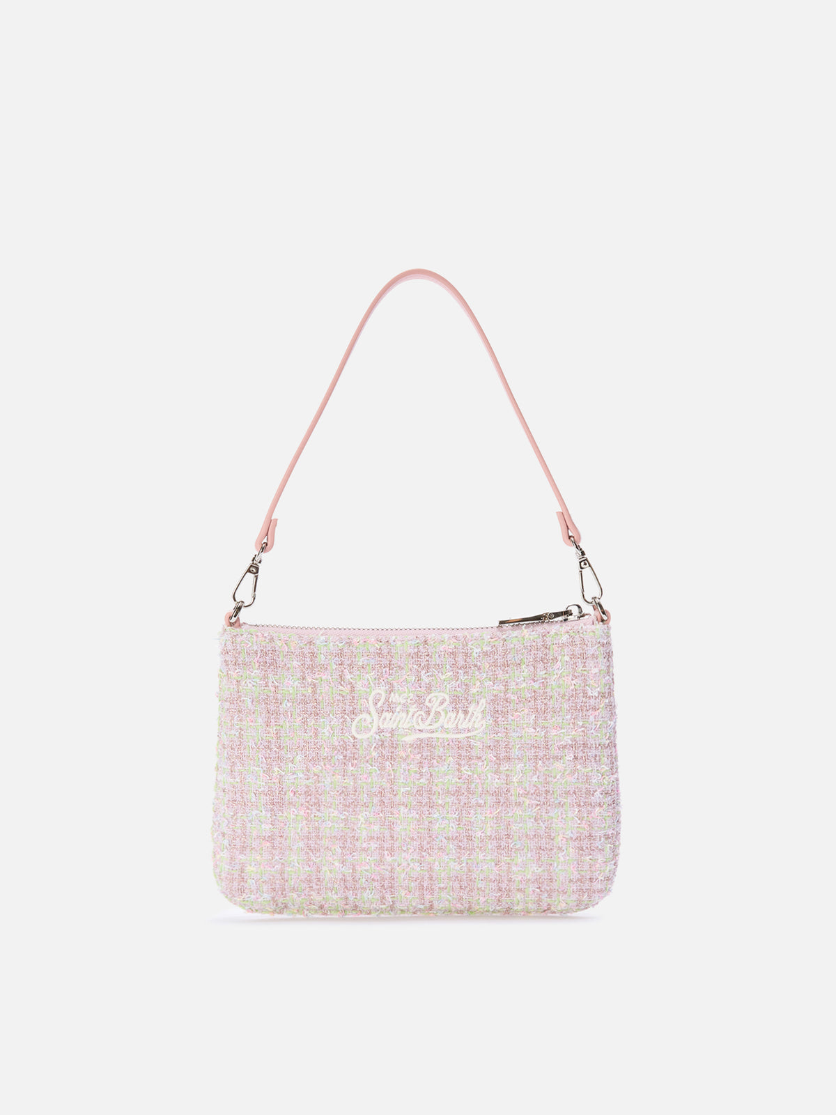 Bolso de hombro mini Parisienne de tweed rosa con bordado del logo 