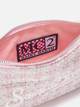 Bolso de hombro mini Parisienne de tweed rosa con bordado del logo 