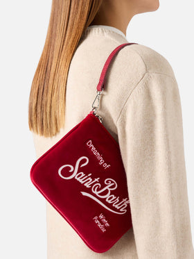 Bordeaux Mini Parisienne Samt-Schultertasche mit Logostickerei 