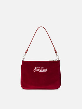 Bolso de hombro Bordeaux Mini Parisienne de terciopelo con bordado del logotipo 