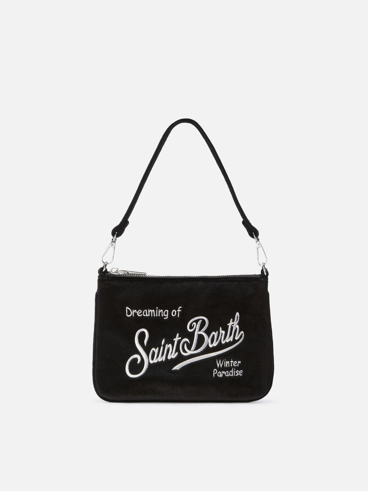 Schwarze Mini Parisienne Schultertasche aus Samt mit gesticktem Logo 