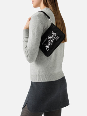 Bolso de hombro Black Mini Parisienne de terciopelo con bordado del logotipo 