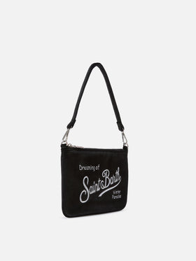 Bolso de hombro Black Mini Parisienne de terciopelo con bordado del logotipo 