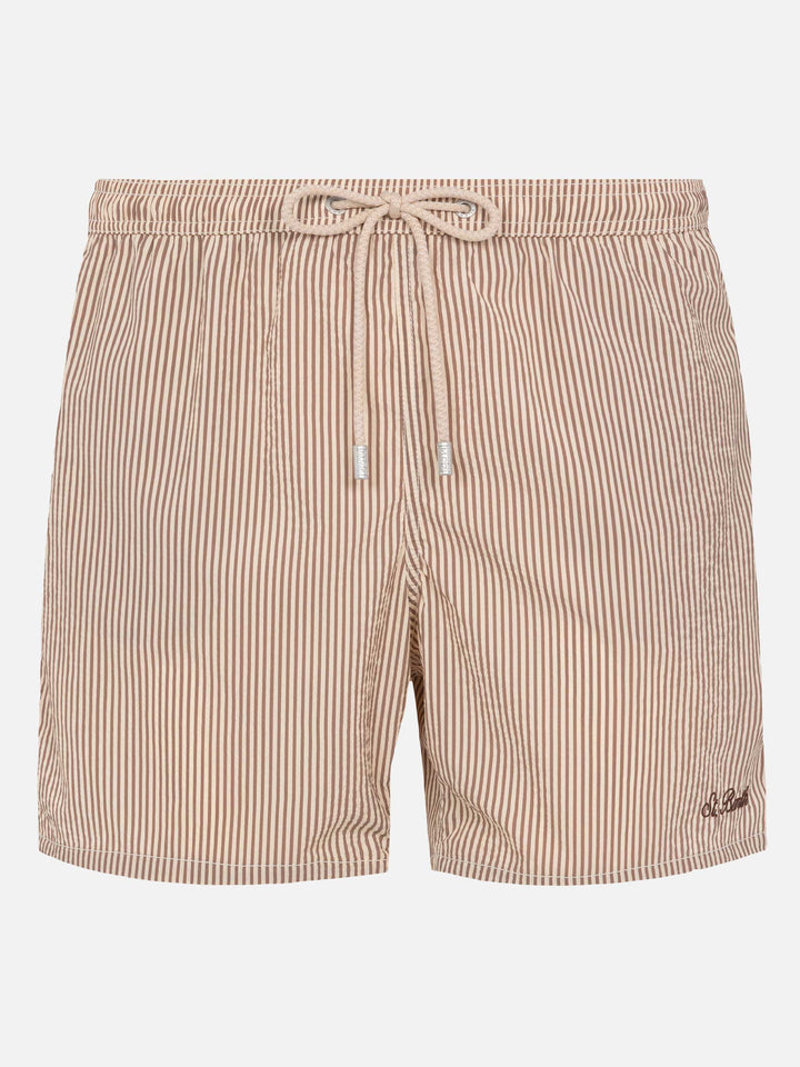 Seersucker beige striped classic light swim shorts Patmos - MC2 Saint Barth