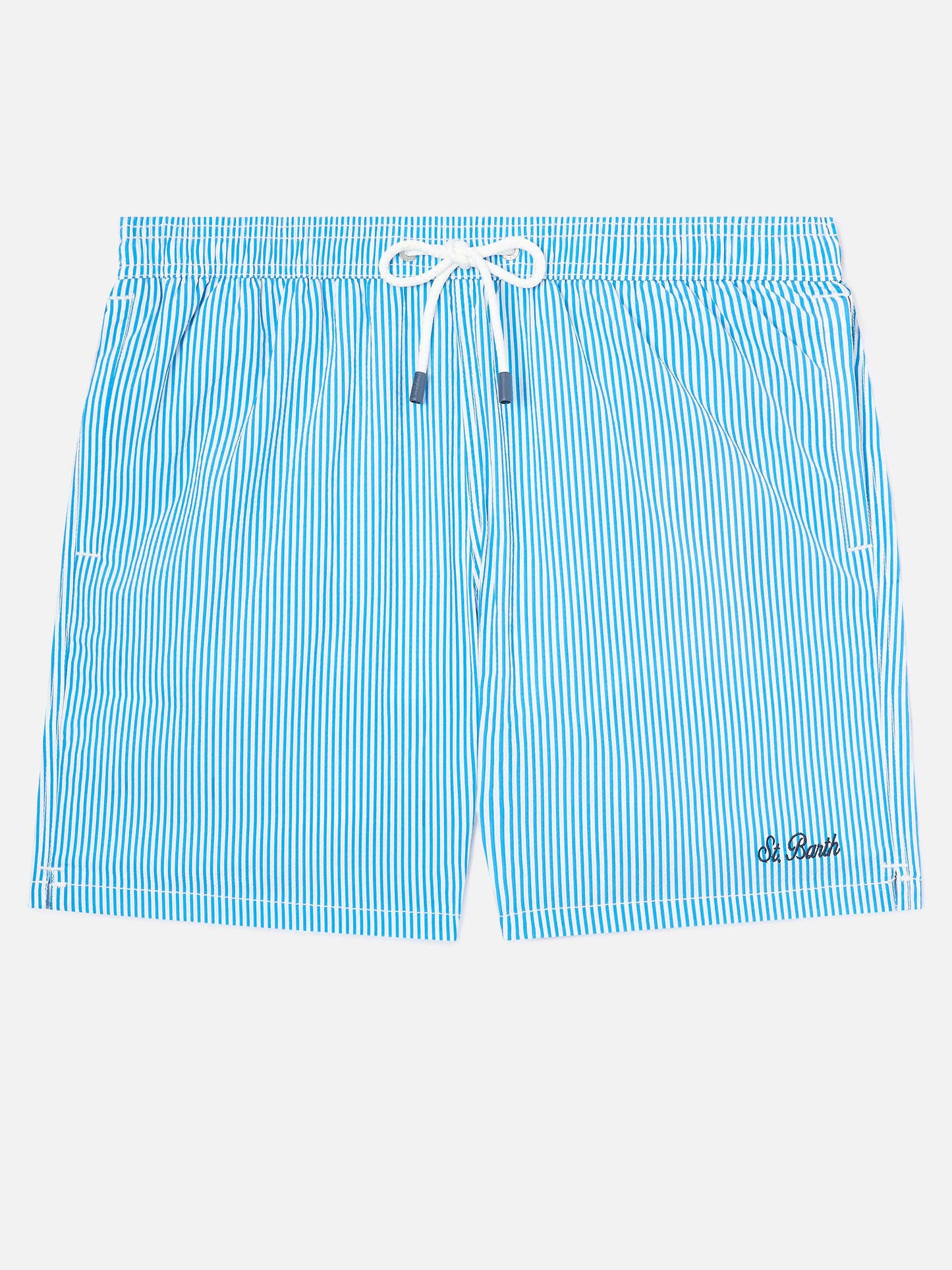 Bañador shorts de seersucker a rayas Patmos en bluette y blanco 