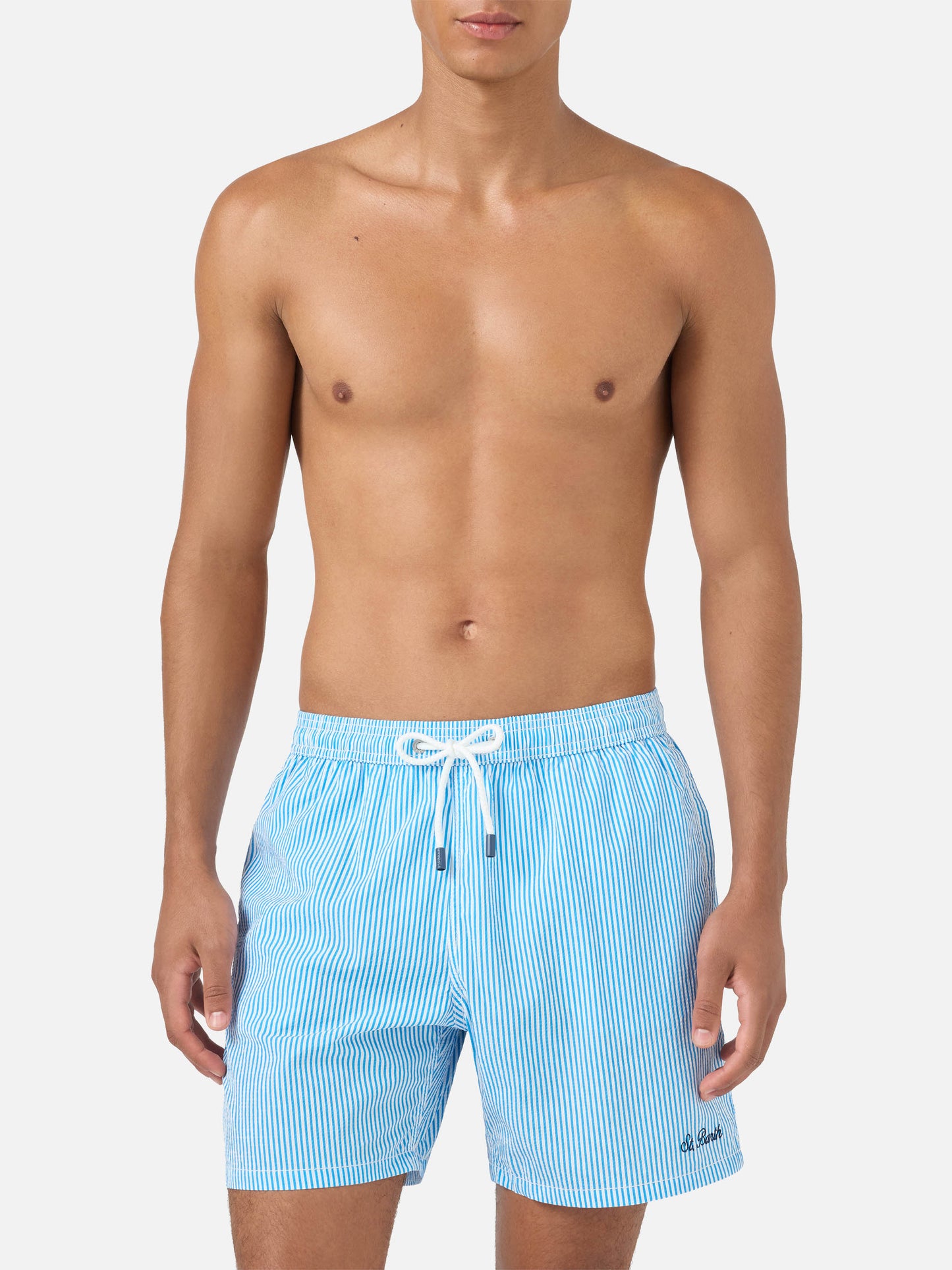 Bañador shorts de seersucker a rayas Patmos en bluette y blanco 