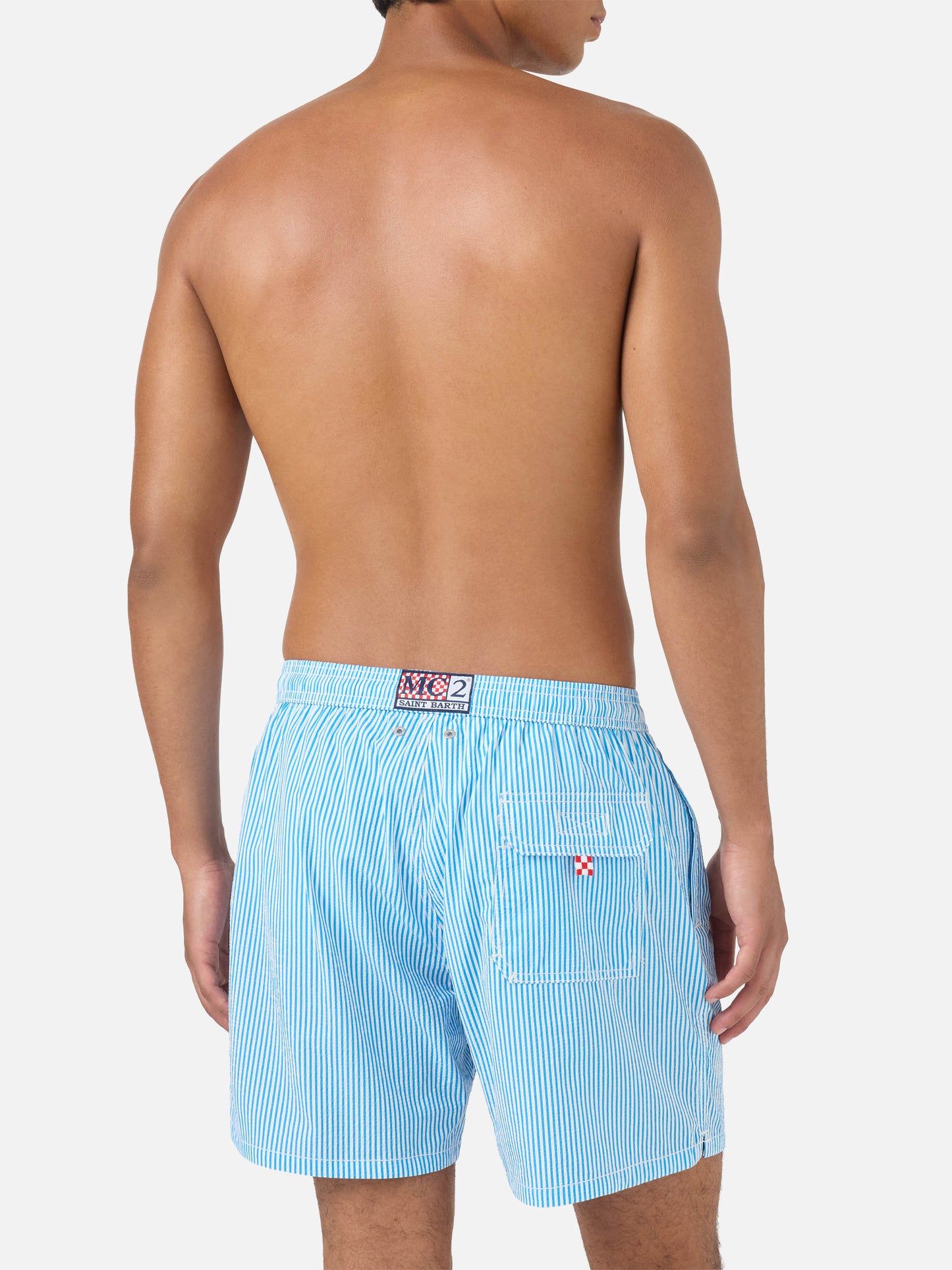 Bañador shorts de seersucker a rayas Patmos en bluette y blanco 