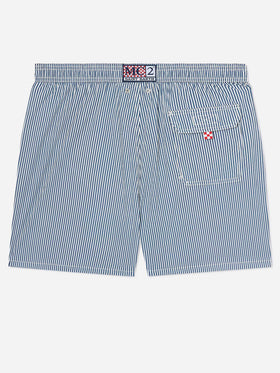 Costume mare Patmos in seersucker rigato blu navy e bianco