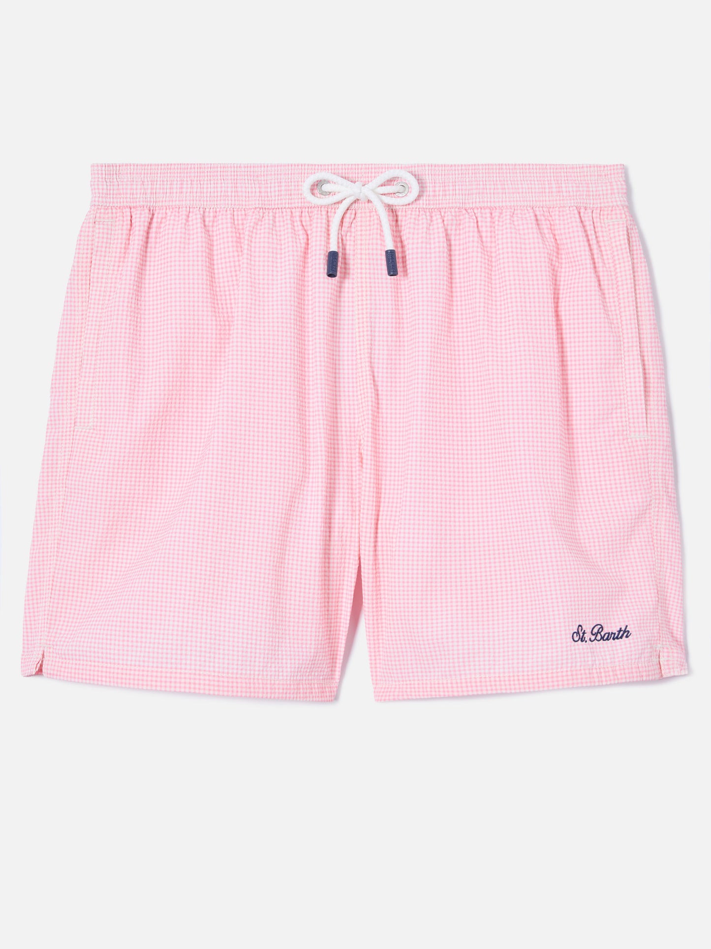 Short de bain Patmos en seersucker vichy rose et blanc 