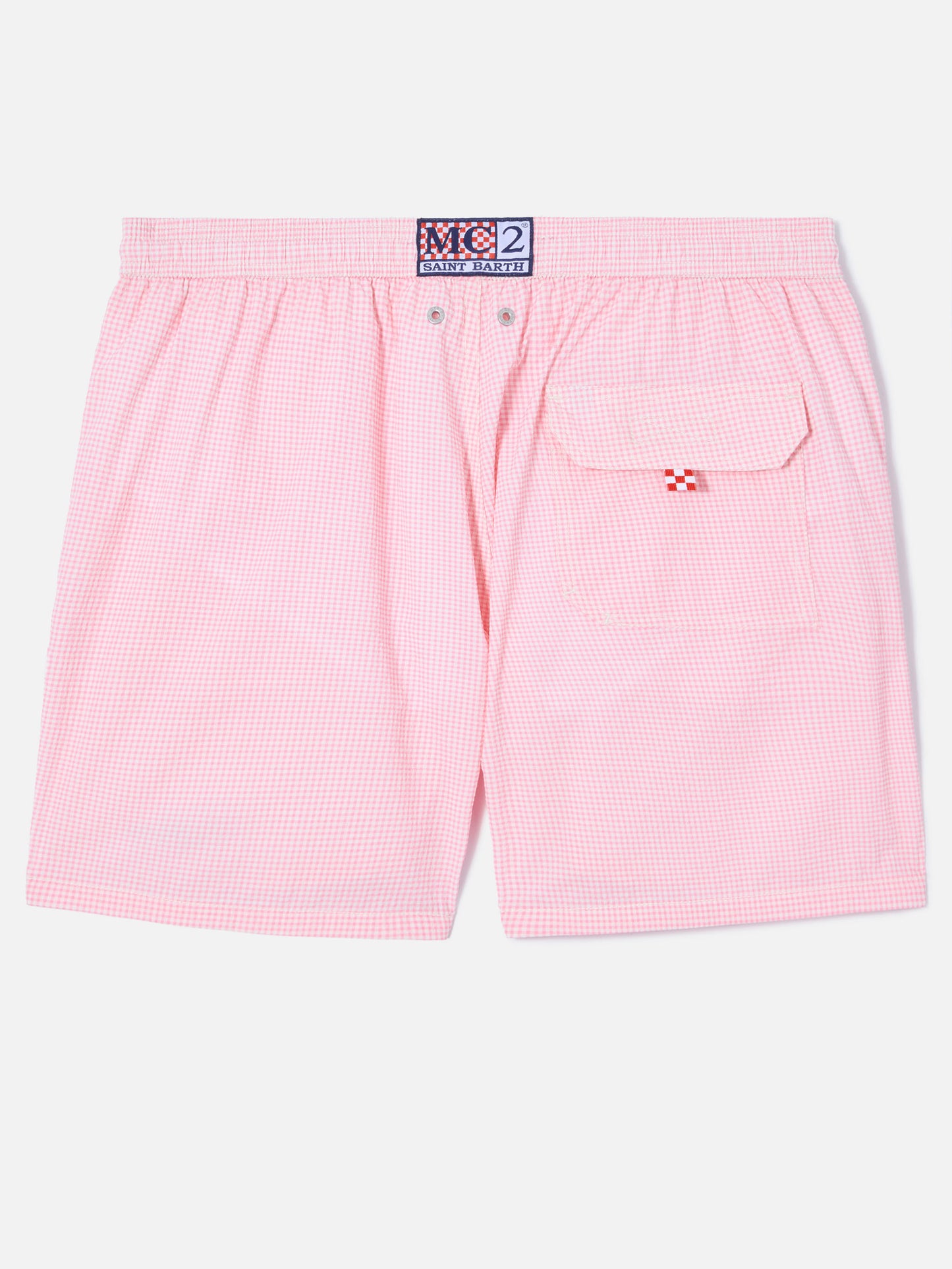Short de bain Patmos en seersucker vichy rose et blanc 