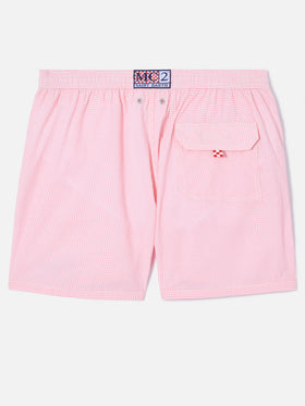 Short de bain Patmos en seersucker vichy rose et blanc 
