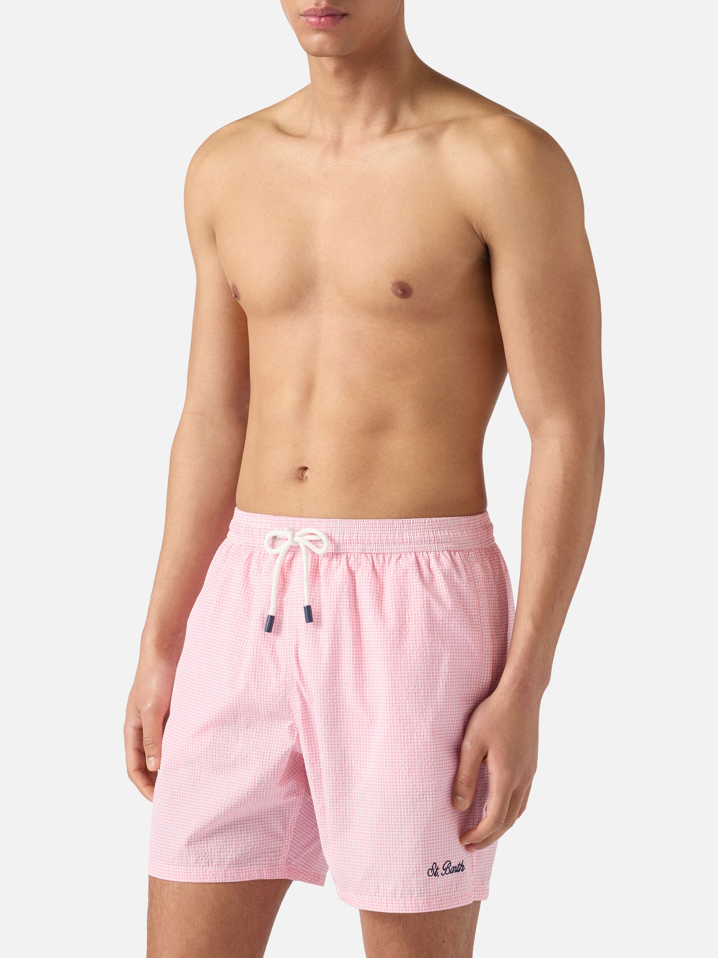 Short de bain Patmos en seersucker vichy rose et blanc 