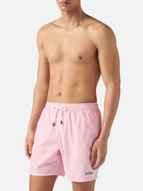 Short de bain Patmos en seersucker vichy rose et blanc 