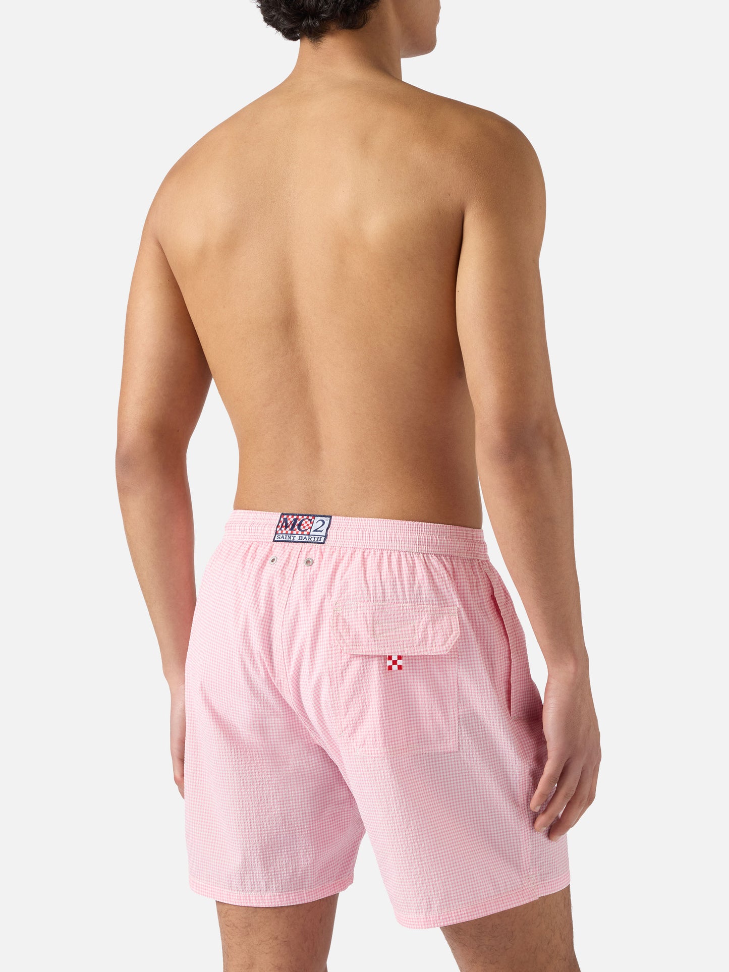 Short de bain Patmos en seersucker vichy rose et blanc 