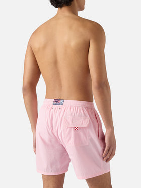 Short de bain Patmos en seersucker vichy rose et blanc 