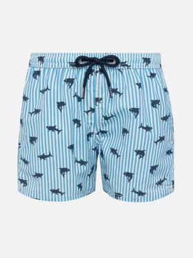Patmos Jr seersucker striped mid-length swim shorts with shark print - MC2 Saint Barth