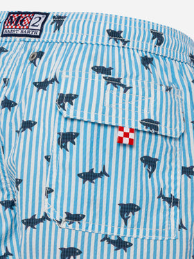 Patmos Jr seersucker striped mid-length swim shorts with shark print - MC2 Saint Barth