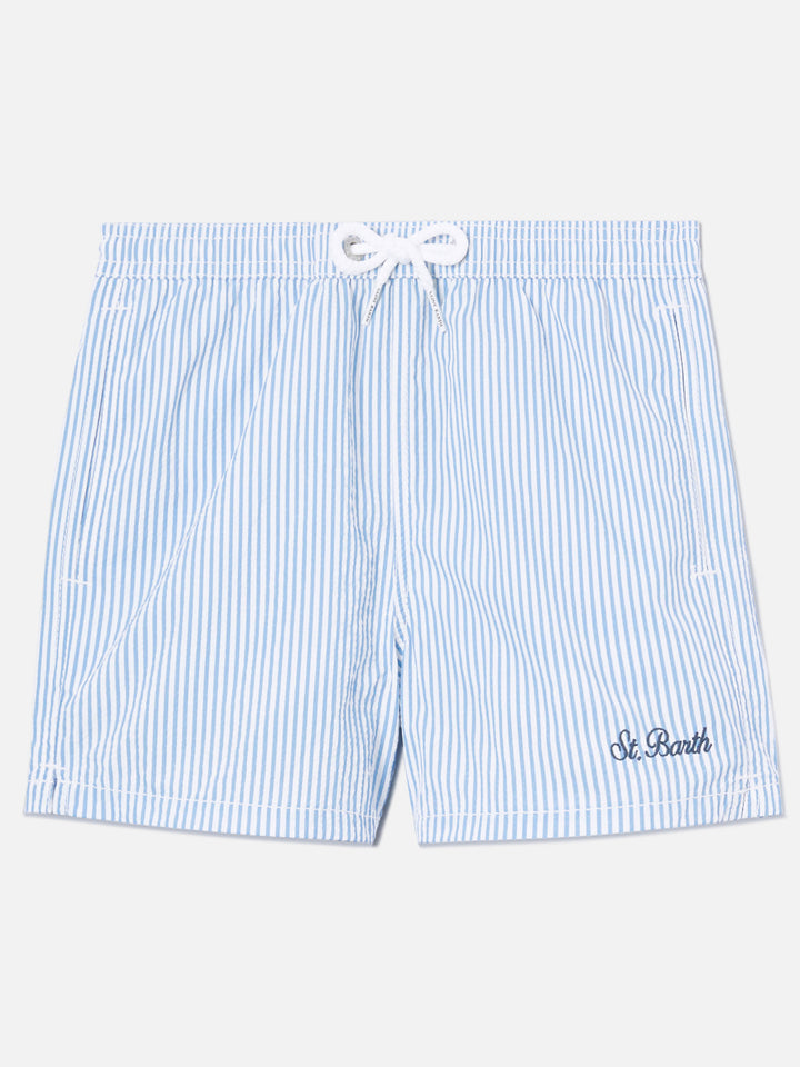 Patmos Jr Seersucker-Badeshorts mit Streifen und St. Barth-Stickerei 