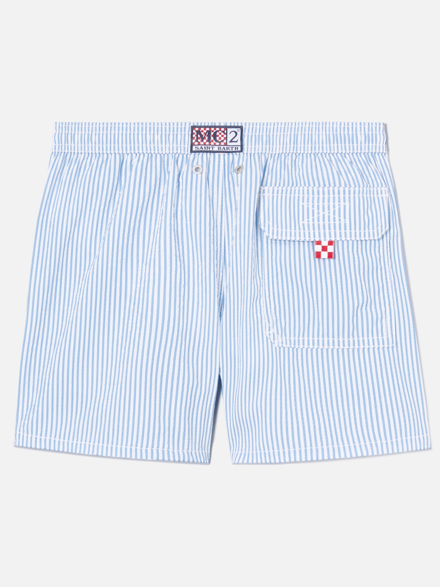 Short de bain Patmos Jr en seersucker rayé avec broderie St. Barth 