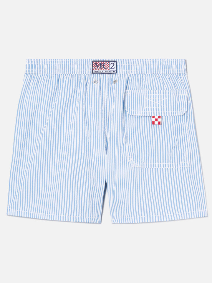 Patmos Jr Seersucker-Badeshorts mit Streifen und St. Barth-Stickerei 