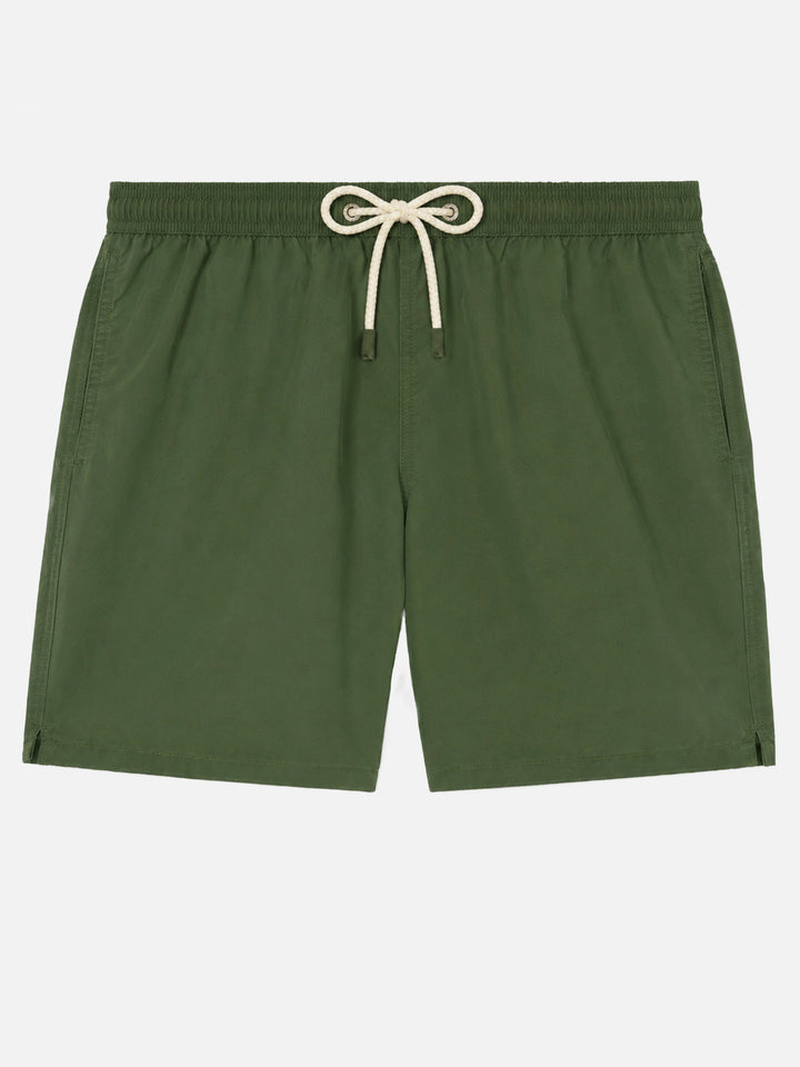 Patmos-Badeshorts in Militärgrün mit Used-Effekt und Logostickerei 