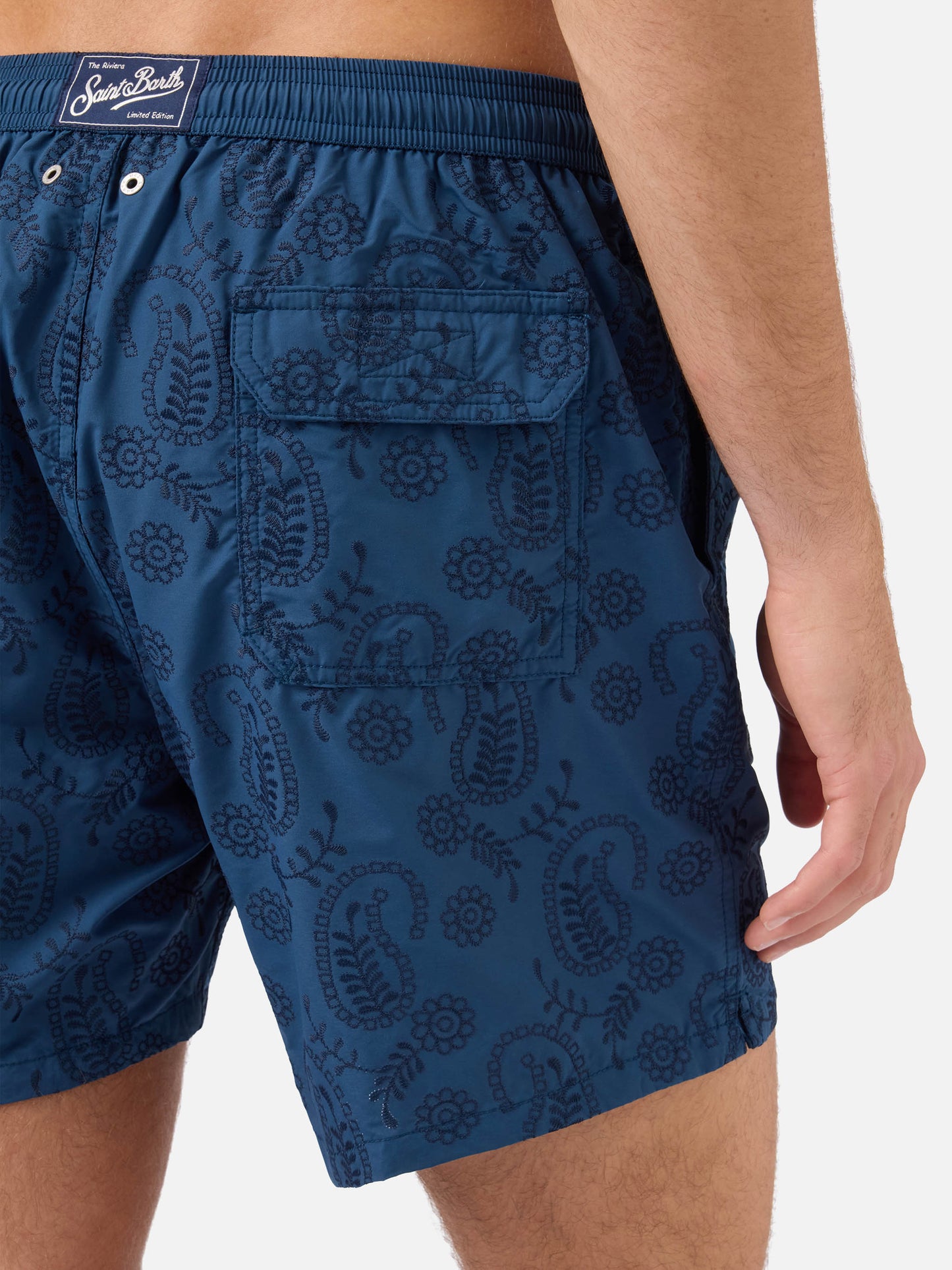 Patmos swim shorts in blue sangallo with embroidery
