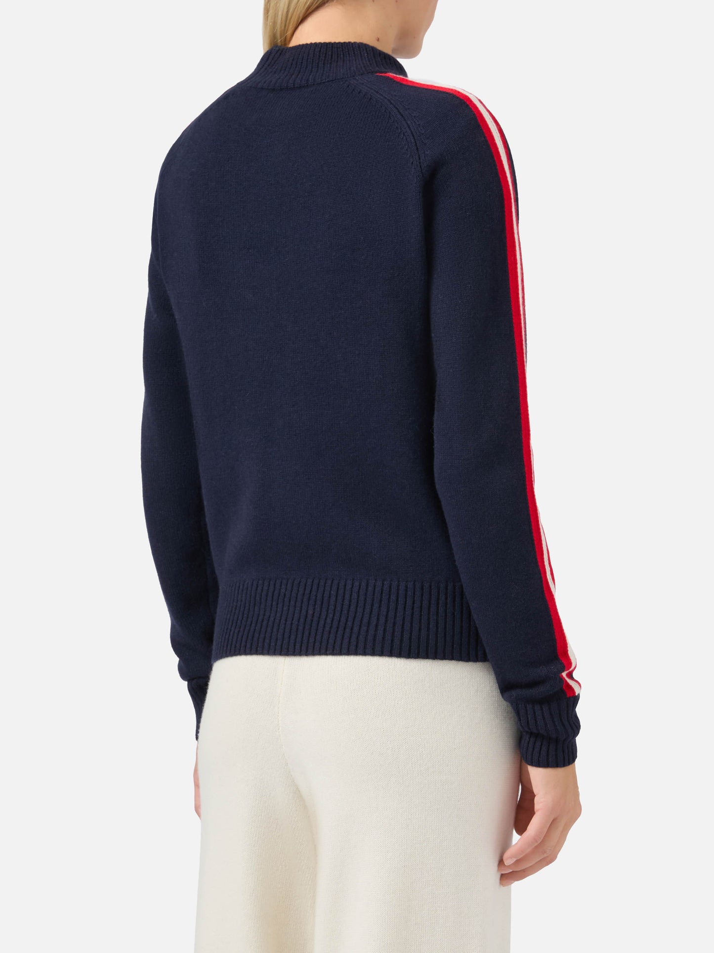Peak cashmere-blend mock-neck in blue with Ski Lover jacquard