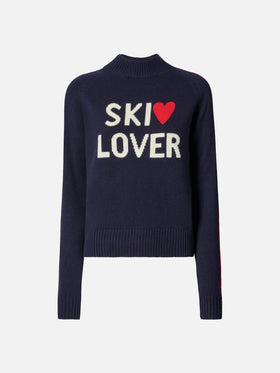Peak cashmere-blend mock-neck in blue with Ski Lover jacquard