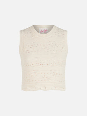 Top de punto de algodón blanco Peach 