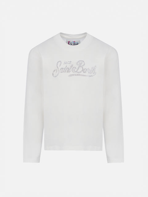 Girl white long-sleeve t-shirt Penny with Saint Barth rhinestones logo - MC2 Saint Barth