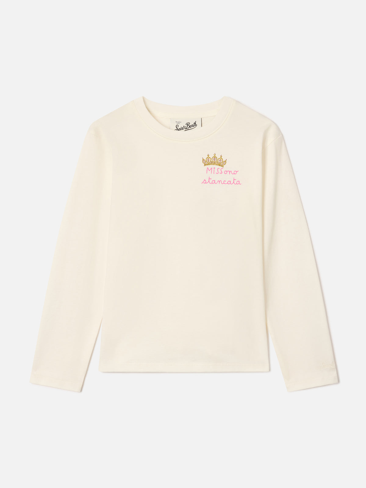 Camiseta de manga larga en algodón Cream Penny con bordado Miss Sono Stancata 