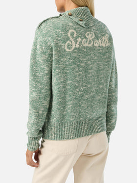 Sage Philomene turtleneck wool knit with logo embroidery