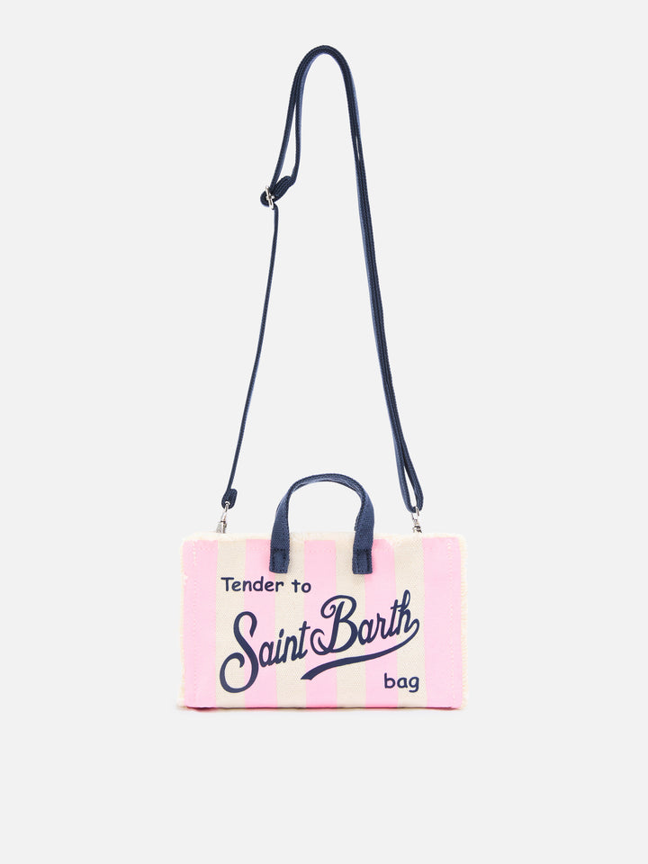 Bolso de lona Micro Phone con rayas blancas y rosas y logo en contraste 