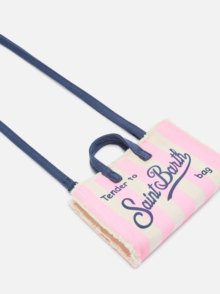 Bolso de lona Micro Phone con rayas blancas y rosas y logo en contraste 