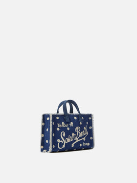 Micro Phone blue polka dot canvas bag with contrasting logo