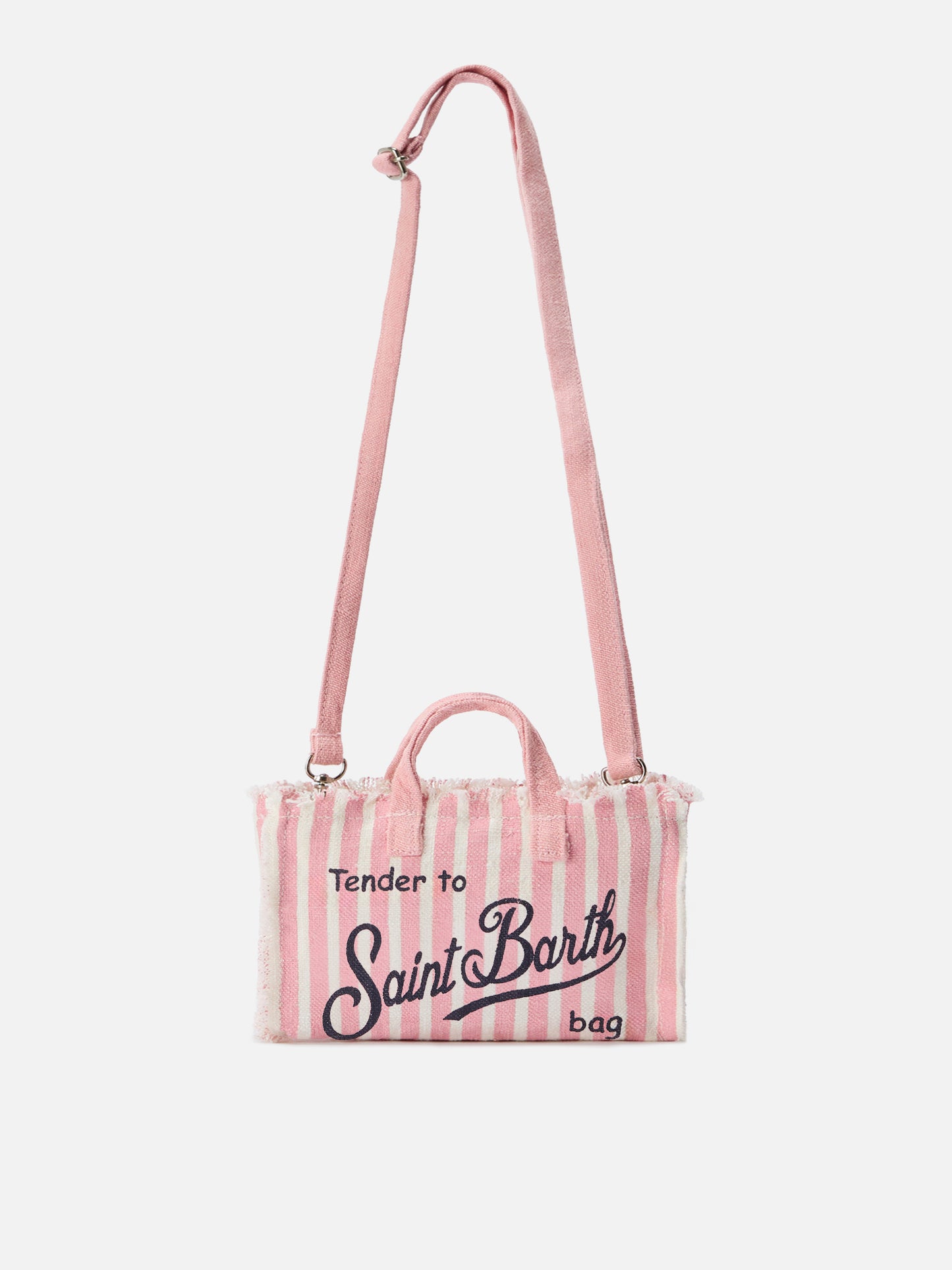 Borsa Phone micro in lino a righe rosa e bianche con logo a contrasto