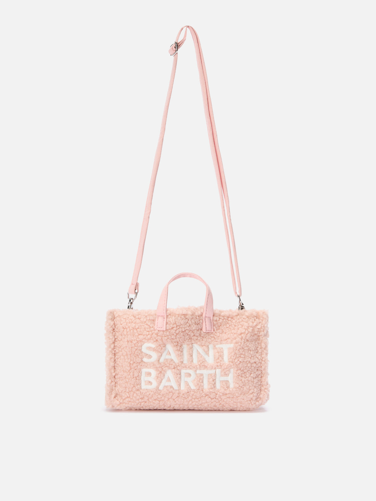 Sac téléphone rose en tissu teddy avec broderie logo 